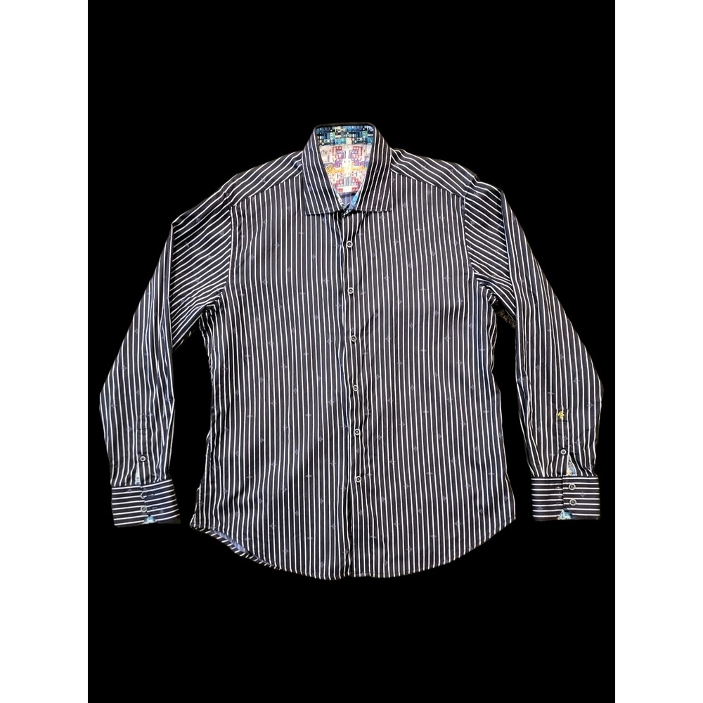 Size L Robert Graham Flip Cuff Button Up Shirt Black & White Vertical Stripes